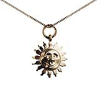 9ct Gold 15mm face of the sun smile Pendant with a 0.6mm wide curb Chain