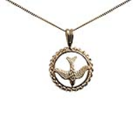 9ct Gold 15mm round Confirmation Dove Pendant with a 0.6mm wide curb Chain 16 inches Only Suitable for Children