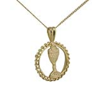 9ct Gold 15mm round First Communion Chalice Pendant with a 0.6mm wide curb Chain