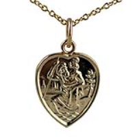 9ct Gold 15x13mm heart St Christopher Pendant with a 1.1mm wide cable Chain