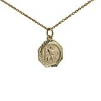 9ct Gold 15x15mm octagonal diamond cut edge St Christopher Pendant with a 1.2mm wide cable Chain