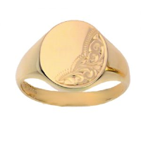 9ct Gold 15x15mm solid hand engraved oval Signet Ring Sizes R-Z