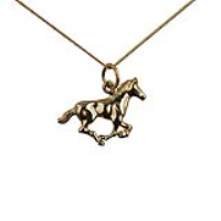 9ct Gold 15x22mm galloping Horse Pendant with a 0.6mm wide curb Chain 16 inches Only Suitable for Children