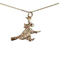 9ct Gold 15x25mm solid Witch on a Broomstick Pendant with a 0.6mm wide curb Chain