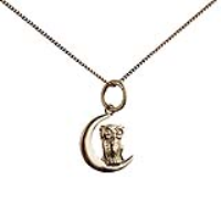 9ct Gold 16x10mm solid Owl and Moon Pendant with a 0.6mm wide curb Chain