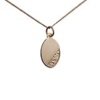 9ct Gold 16x11mm hand engraved oval Disc Pendant with a 0.6mm wide curb Chain