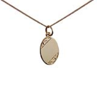 9ct Gold 16x11mm hand engraved oval Disc Pendant with a 0.6mm wide curb Chain