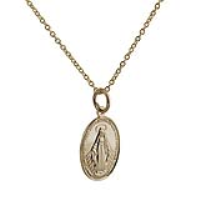 9ct Gold 16x11mm oval Miraculous Medallion Medal Pendant with a 1.1mm wide cable Chain