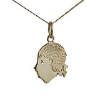 9ct Gold 16x15mm Girl&#39;s Head Pendant with a 0.6mm wide curb Chain