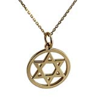 9ct Gold 17mm plain Star of David in a circle Pendant with a 1.2mm wide cable Chain