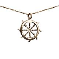 9ct Gold 17mm solid Ships Wheel Pendant with a 1.1mm wide cable Chain