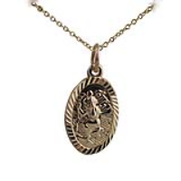 9ct Gold 17x11mm oval diamond cut edge St Christopher Pendant with a 1.1mm wide cable Chain 16 inches Only Suitable for Children