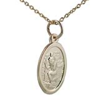 9ct Gold 17x11mm oval St Christopher Pendant with a 1.1mm wide cable Chain