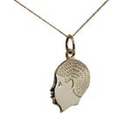 9ct Gold 17x14mm Boy&#39;s Head Pendant with a 0.6mm wide curb Chain 16 inches Only Suitable for Children