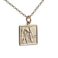 9ct Gold 17x17mm square St Christopher Pendant with a 1.4mm wide belcher Chain