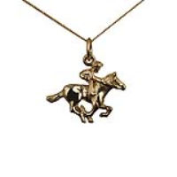 9ct Gold 17x21mm galloping Horse and Jockey Pendant with a 0.6mm wide curb Chain 16 inches Only Suitable for Children