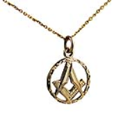 9ct Gold 18mm hand engraved Masonic emblem in a circle Pendant with a 1.2mm wide cable Chain
