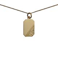 9ct Gold 18x12mm hand engraved rectangular Disc Pendant with a 0.6mm wide curb Chain