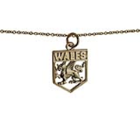 9ct Gold 18x15mm Wales Badge Pendant with a 1.1mm wide cable Chain