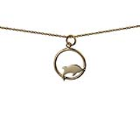 9ct Gold 18x18mm Dolphin jumping-the right in a circle Pendant with a 1.1mm wide cable Chain