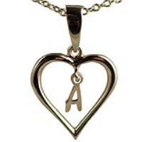 9ct Gold 18x18mm Initial A in a Heart Pendant on a bail loop with a 1.1mm wide cable Chain