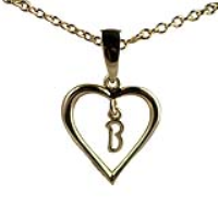 9ct Gold 18x18mm Initial B in a Heart Pendant on a bail loop with a 1.1mm wide cable Chain