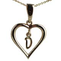 9ct Gold 18x18mm Initial D in a Heart Pendant on a bail loop with a 1.1mm wide cable Chain