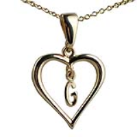 9ct Gold 18x18mm Initial G in a Heart Pendant on a bail loop with a 1.1mm wide cable Chain
