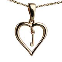 9ct Gold 18x18mm Initial J in a Heart Pendant on a bail loop with a 1.1mm wide cable Chain