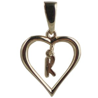 9ct Gold 18x18mm Initial K in a Heart Pendant on a bail loop
