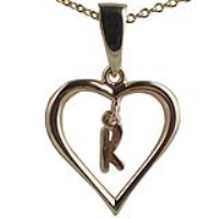 9ct Gold 18x18mm Initial K in a Heart Pendant on a bail loop with a 1.1mm wide cable Chain