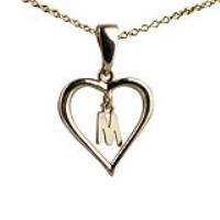 9ct Gold 18x18mm Initial M in a Heart Pendant on a bail loop with a 1.1mm wide cable Chain