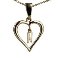9ct Gold 18x18mm Initial N in a Heart Pendant on a bail loop with a 1.1mm wide cable Chain
