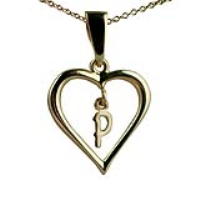 9ct Gold 18x18mm Initial P in a Heart Pendant on a bail loop with a 1.1mm wide cable Chain