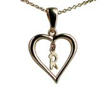 9ct Gold 18x18mm Initial R in a Heart Pendant on a bail loop with a 1.1mm wide cable Chain