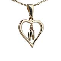 9ct Gold 18x18mm Initial W in a Heart Pendant on a bail loop with a 1.1mm wide cable Chain