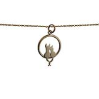 9ct Gold 18x18mm two sitting Cats with Tails entwined in a circle Pendant on a 1.1mm wide cable Chain