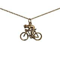 9ct Gold 18x25mm Bicycle and Cyclist Pendant with a 1.1mm wide cable Chain 18 inches