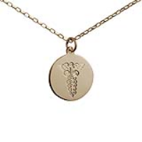 9ct Gold 19mm round hand engraved medical alarm symbol Disc Pendant with a 1.4mm wide belcher Chain