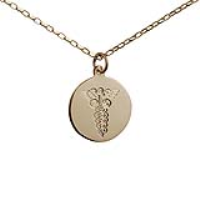 9ct Gold 19mm round hand engraved medical alarm symbol Disc Pendant with a 1.4mm wide belcher Chain 16 inches Only Suitable for Children