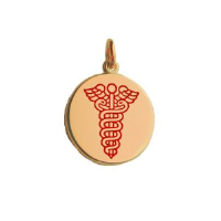 9ct Gold 19mm round medical alarm Disc Pendant with vitreous red enamel