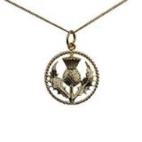 9ct Gold 19mm Scottish Thistle Pendant with a twisted wire surround with a 0.6mm wide curb Chain