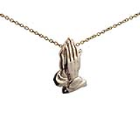 9ct Gold 19x11mm Praying Hands Pendant with a 1.1mm wide cable Chain 16 inches Only Suitable for Children