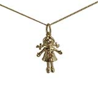 9ct Gold 19x13mm moveable Rag Doll Pendant with a 0.6mm wide curb Chain