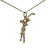 9ct Gold 19x6mm Lady Golfer Pendant with a 0.6mm wide curb Chain