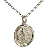 9ct Gold 20mm round diamond cut edge St Christopher Pendant with a 1.4mm wide belcher Chain 16 inches Only Suitable for Children