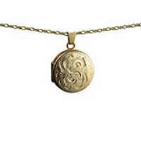 9ct Gold 20mm round hand engraved flat Locket with a 1.4mm wide belcher Chain