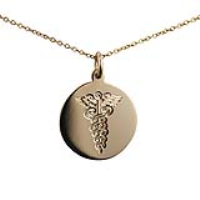 9ct Gold 20mm round hand engraved medical alarm symbol Disc Pendant with a 1.1mm wide cable Chain