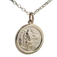 9ct Gold 20mm round St Christopher Pendant with a 1.4mm wide belcher Chain 16 inches Only Suitable for Children