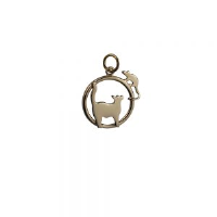 9ct Gold 20x17mm Cat looking right and Mouse in a circle Pendant or Charm
